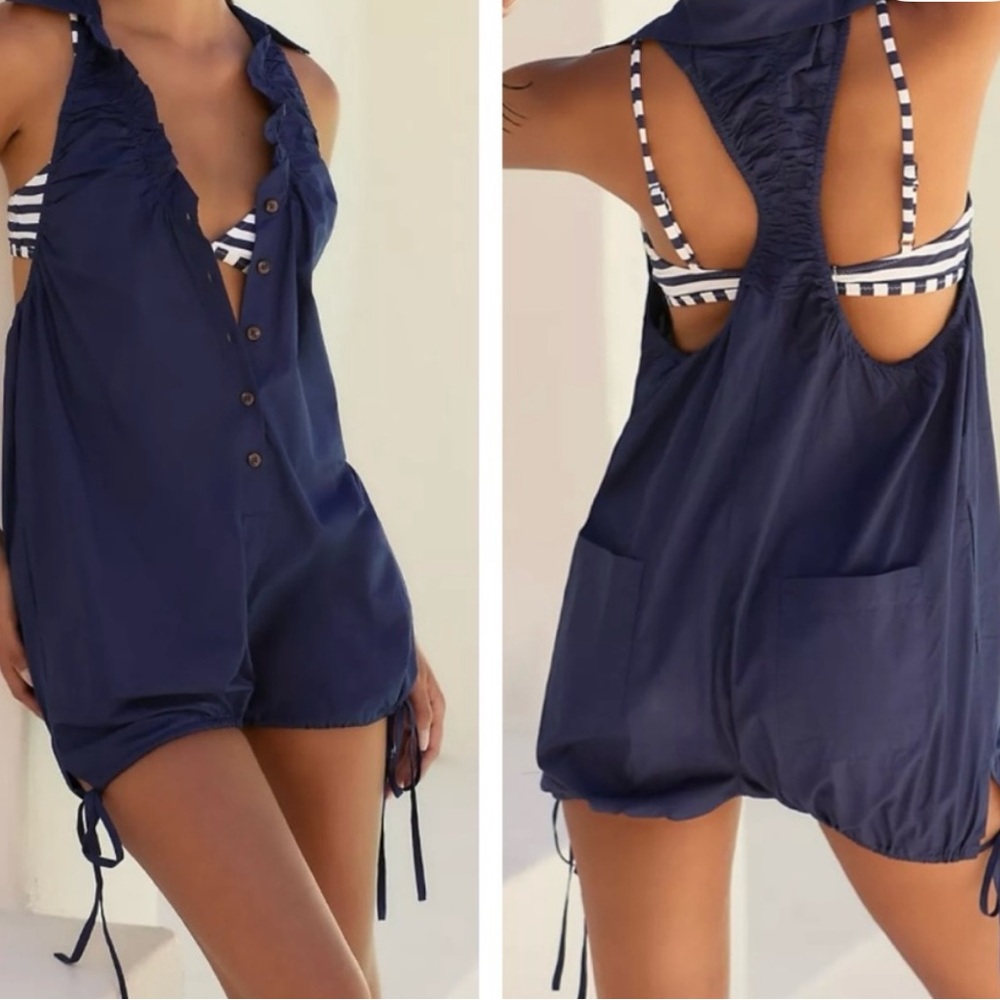 By Anthropologie Collared Bubble Sleeveless Cotton Romper Navy Blue